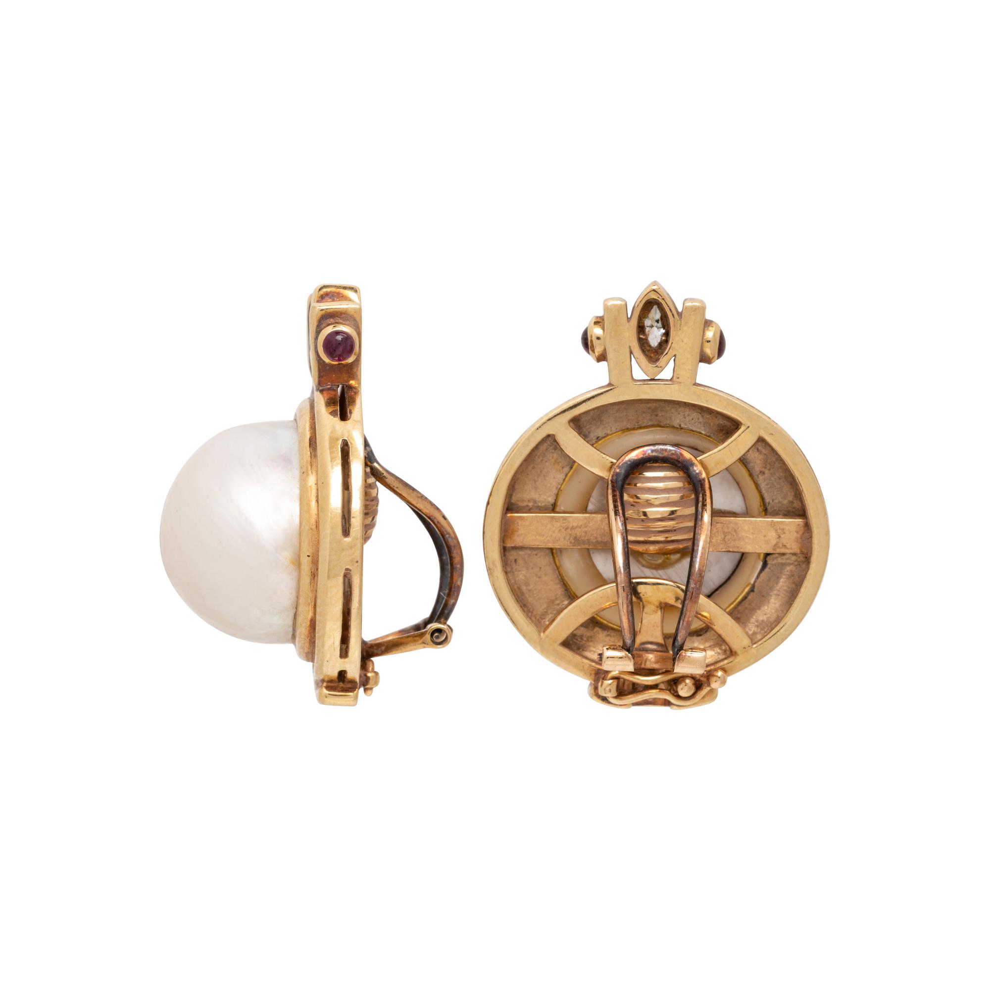 MABÉ PEARL, DIAMOND, AND RUBY CLIP EARRINGS
