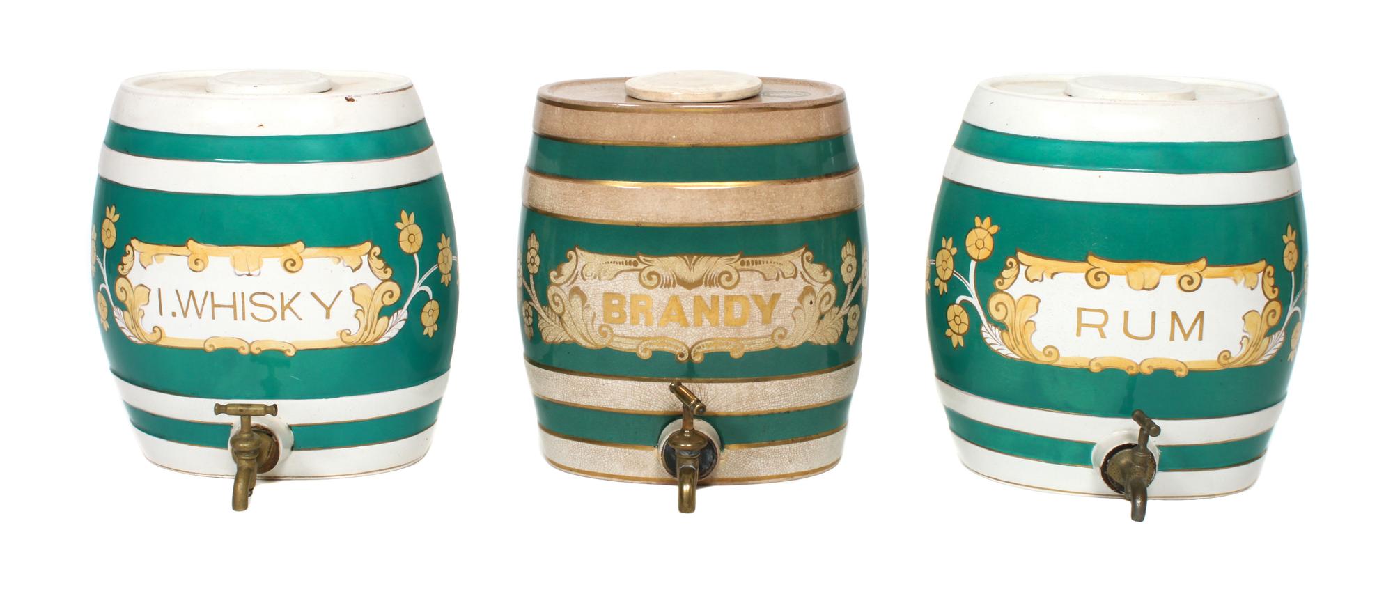 Three Porcelain Barrel Form Liquor Casks Height 13 inches
