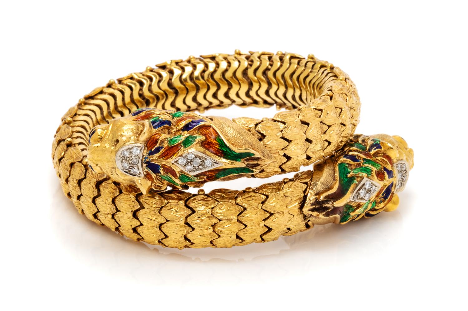 An 18 Karat Yellow Gold, Diamond and Polychrome Enamel Lion Motif Flexible Cuff Bracelet, 69.75 dwts.