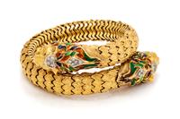 An 18 Karat Yellow Gold, Diamond and Polychrome Enamel Lion Motif Flexible Cuff Bracelet, 69.75 dwts.