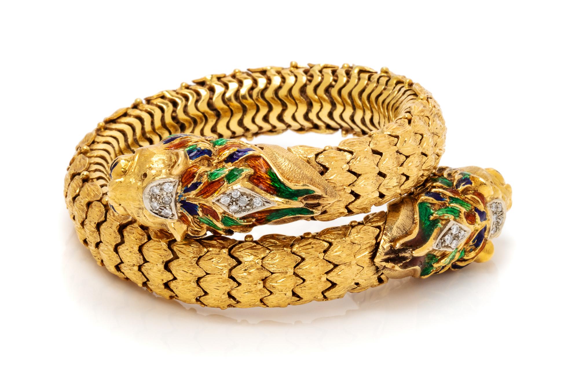 An 18 Karat Yellow Gold, Diamond and Polychrome Enamel Lion Motif Flexible Cuff Bracelet, 69.75 dwts.