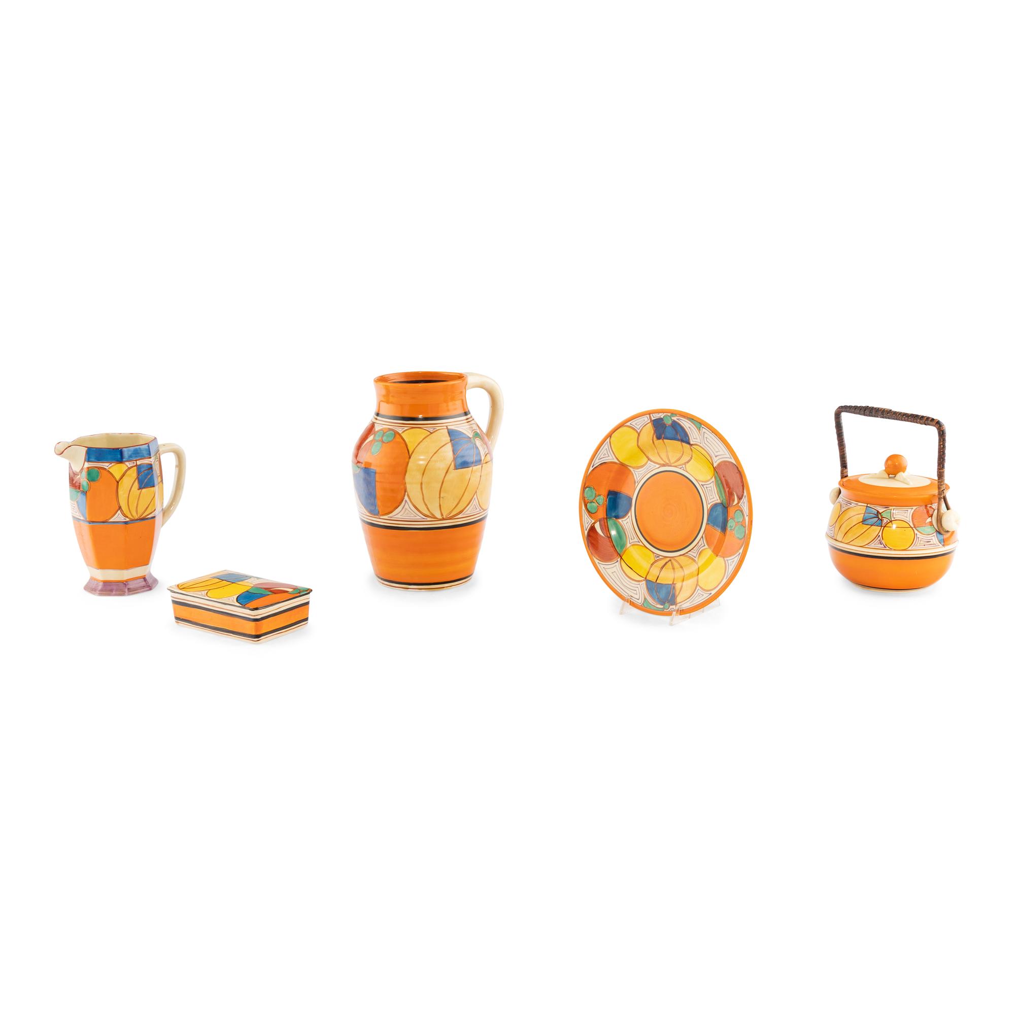 A Group of Five Clarice Cliff Melon (Picasso Fruit) Ceramic Table Articles