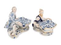 A Pair of Meissen Porcelain Blue Onion Figural Salts