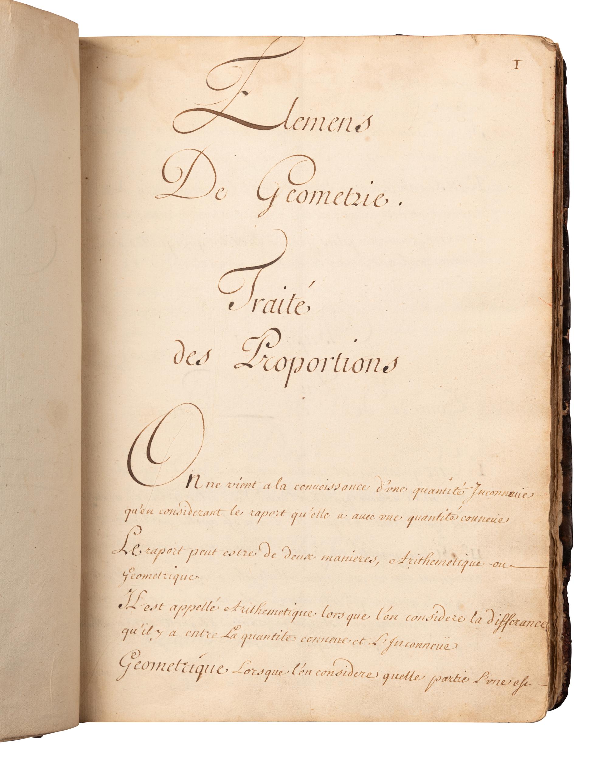 [MANUSCRIPTS—MATHEMATICS]. “Elemens de Geometrie a l’usage des enfans de France.” [France, 18th century].