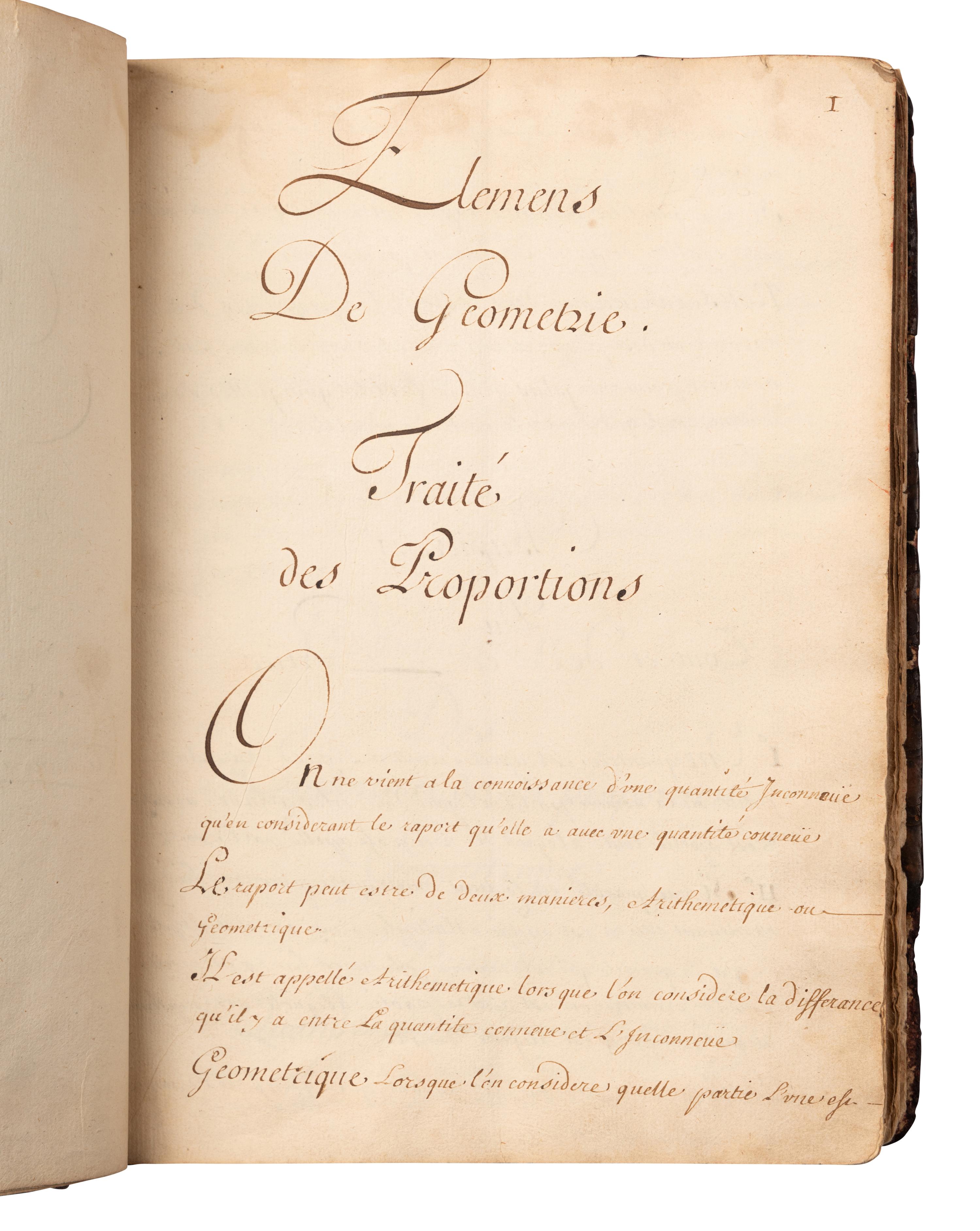 [MANUSCRIPTS—MATHEMATICS]. “Elemens de Geometrie a l’usage des enfans de France.” [France, 18th century].