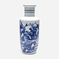 A Chinese blue and white porcelain rouleau vase 青花山水人物纸槌瓶