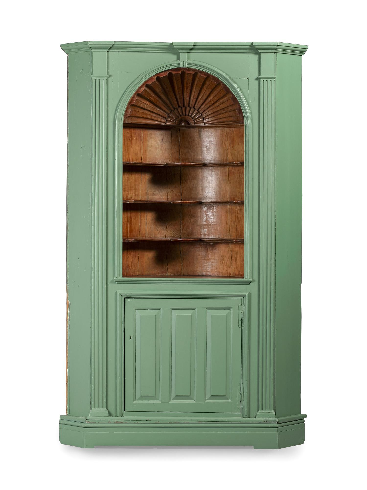 A Chippendale Green Painted and Shell-Carved Pine Corner Cupboard