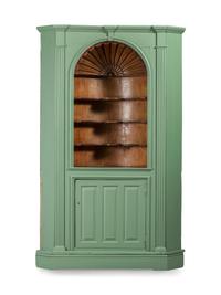 A Chippendale Green Painted and Shell-Carved Pine Corner Cupboard