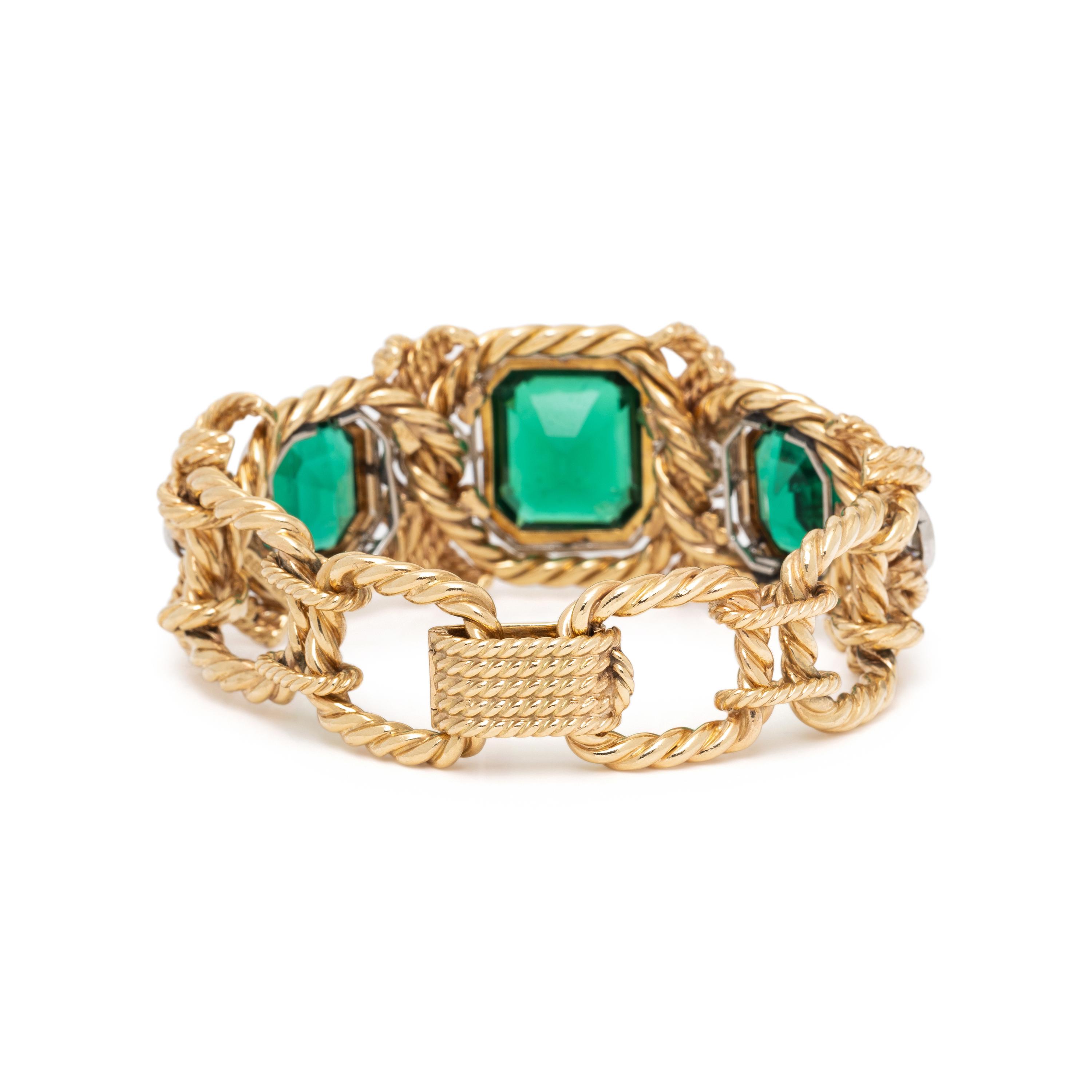 DAVID WEBB, YELLOW GOLD, DIAMOND AND GREEN GLASS BRACELET