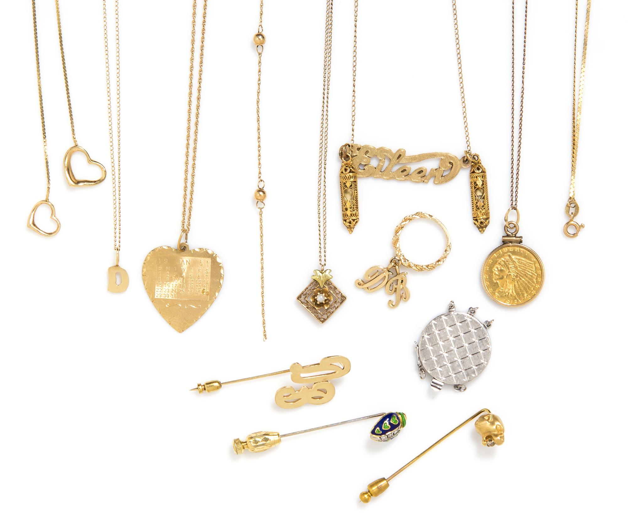 A Collection of 14 Karat Gold Jewelry Items, 25.70 dwts.