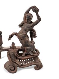 A Pair of Continental Iron Andirons with Hercules and the Nemean Lion