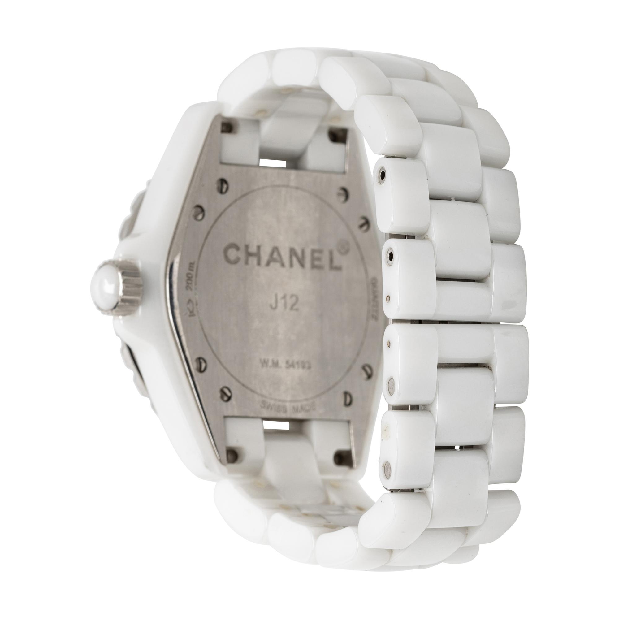 CHANEL, 'J12' CERAMIC AND DIAMOND DATE WATCH, BOX, PAPERS, AND EXTRA LINKS