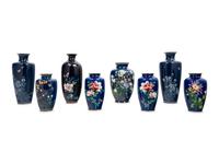 Eight Japanese Blue Ground Cloisonné Enamel and Embossed Foil 'Ginbari' Vases