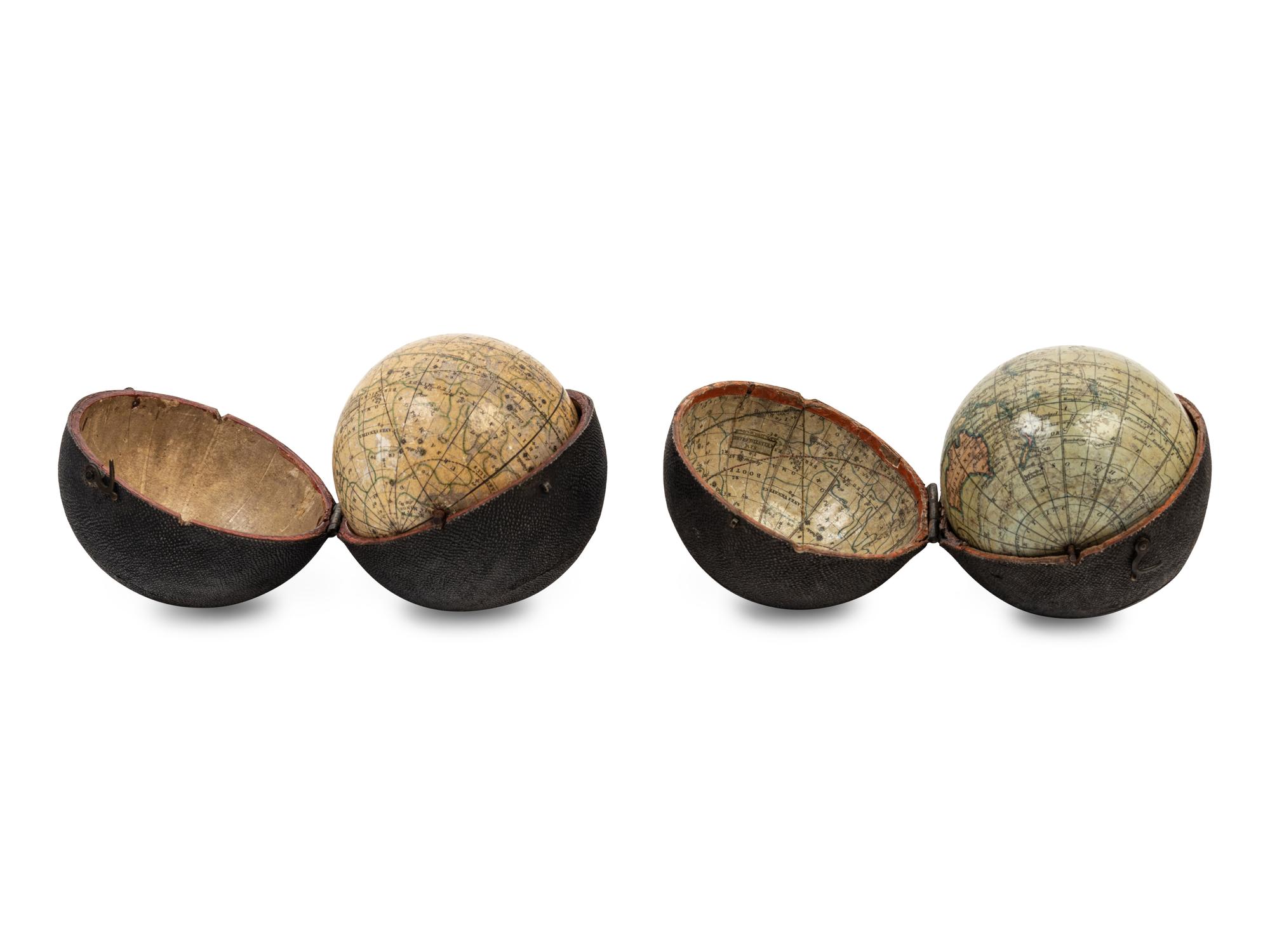 Two English Three-Inch Terrestrial and Celestial Pocket Globes