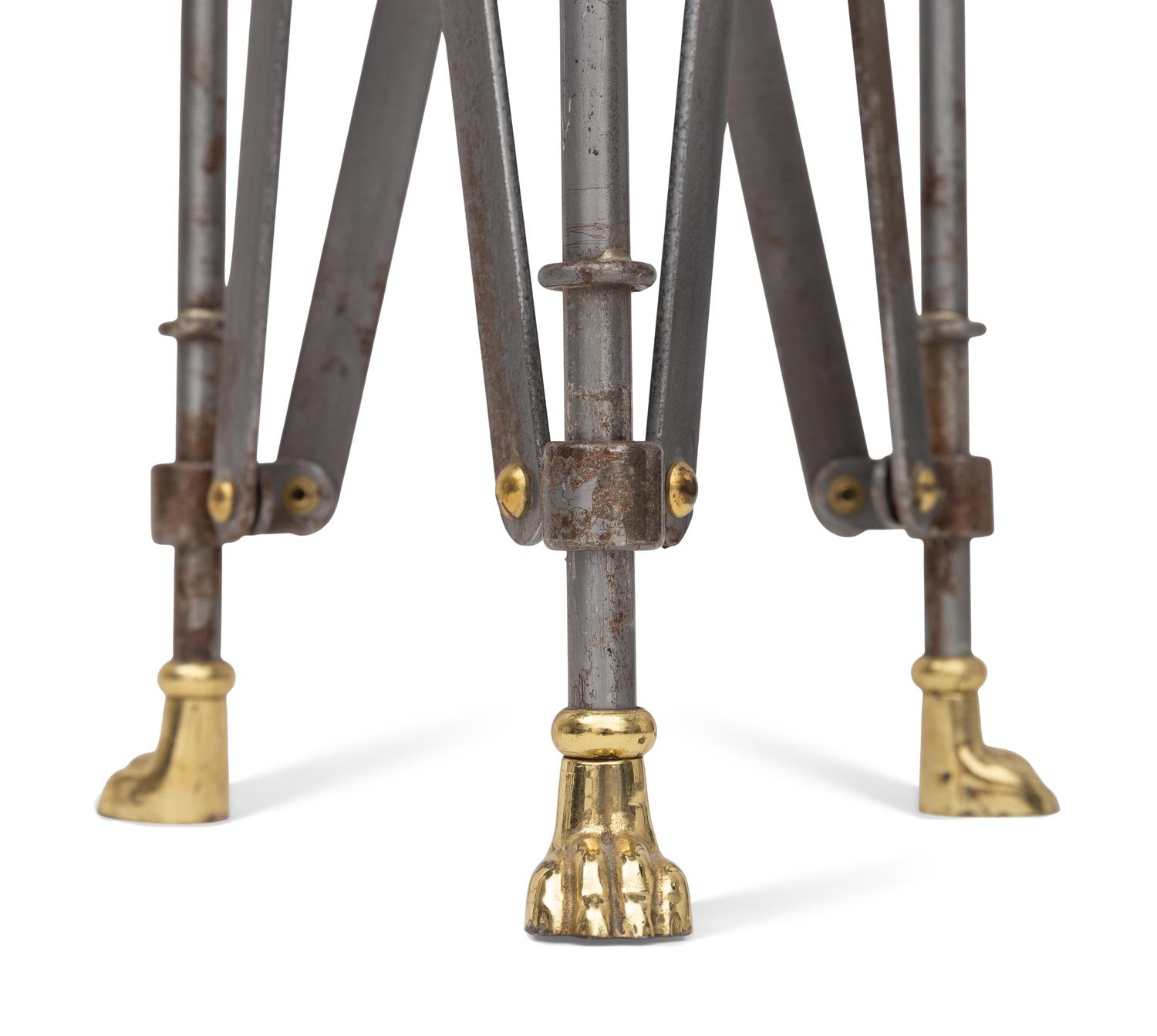 A Pair of Steel and Marble-Top Campaign Tables