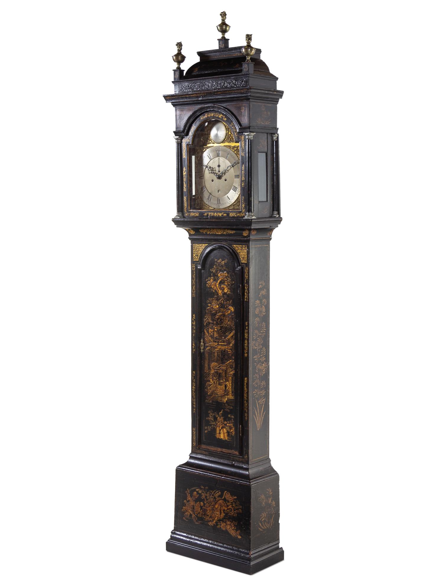 A George III Parcel Gilt and Black Lacquered Chinoiserie Decorated Tall Case Clock