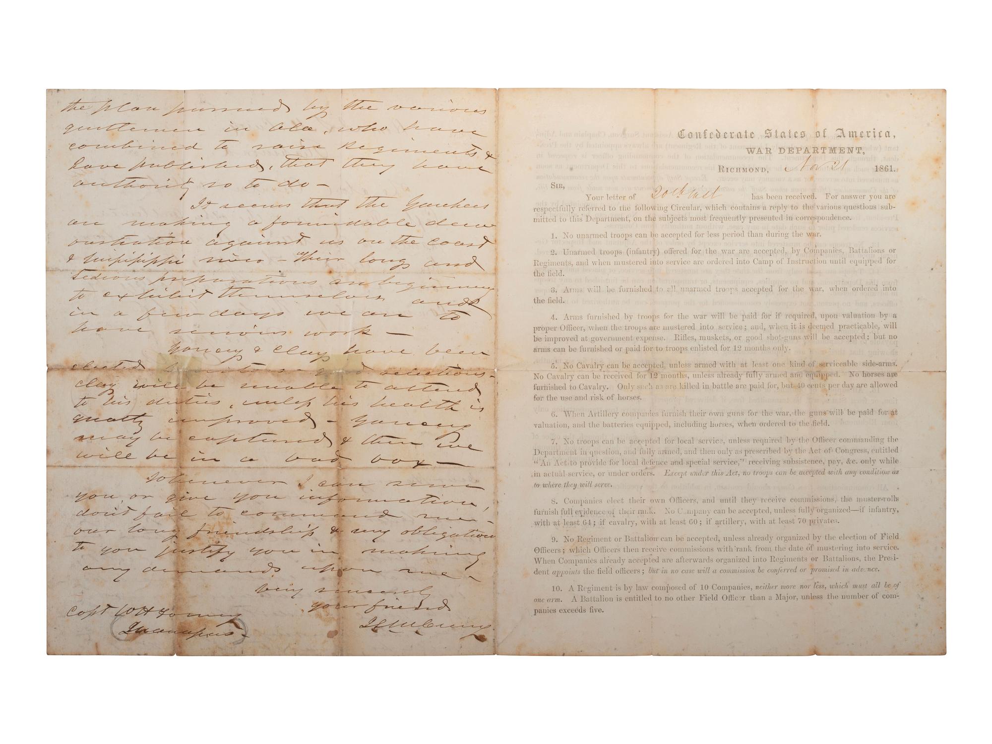 [CIVIL WAR]. BENJAMIN, Judah Philip (1811-1884). Autograph note signed ("J. P. Benjamin"), as Acting Confederate States Secretary of War, to Hon. J. L. M. CURRY. Richmond, 21 November 1861.