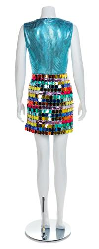 Atelier Versace Blue Jacket with Oroton Bodysuit and Multicolor Disc Skirt, A/W 1994 No size label