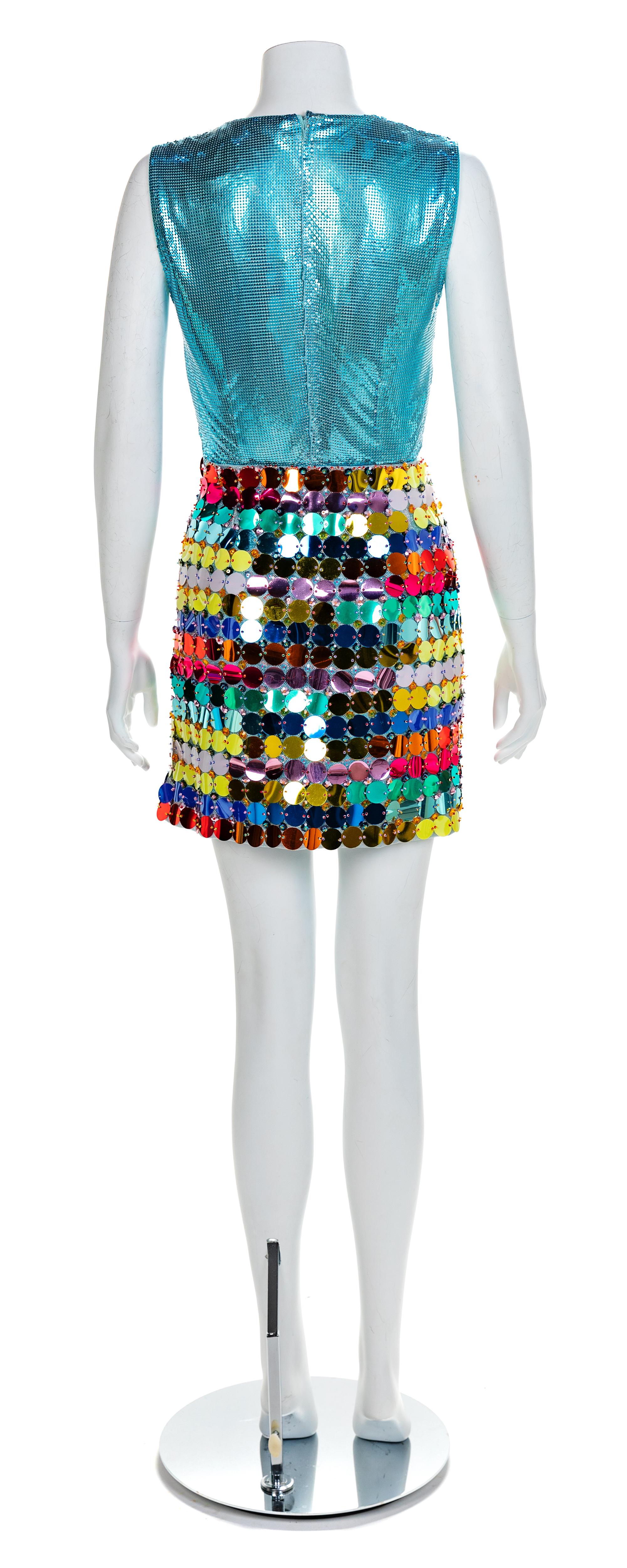 Atelier Versace Blue Jacket with Oroton Bodysuit and Multicolor Disc Skirt, A/W 1994 No size label