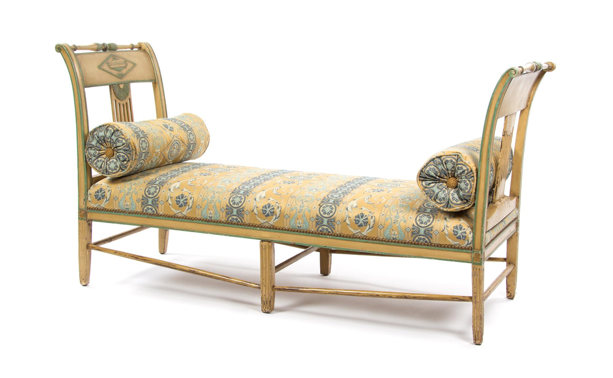A Directoire Style Cream Painted Bench, Width 68 inches.