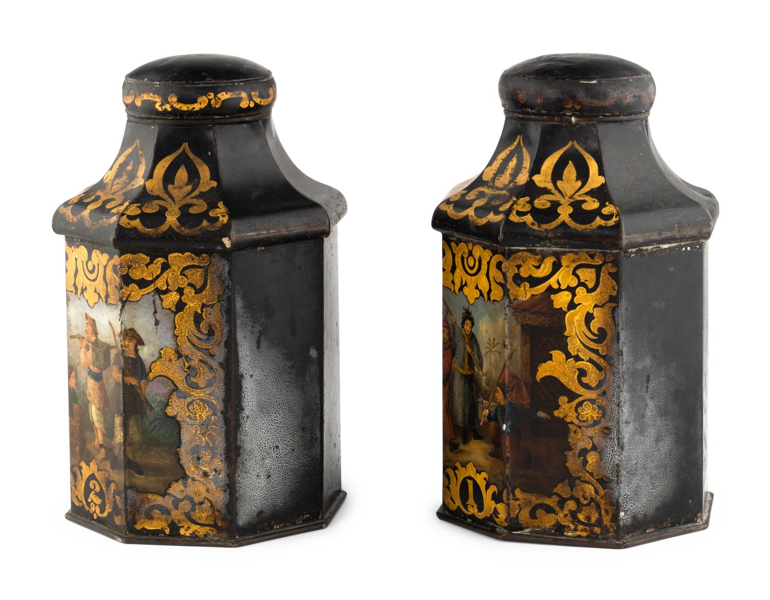 A Pair of English Painted Tole Tea Canisters