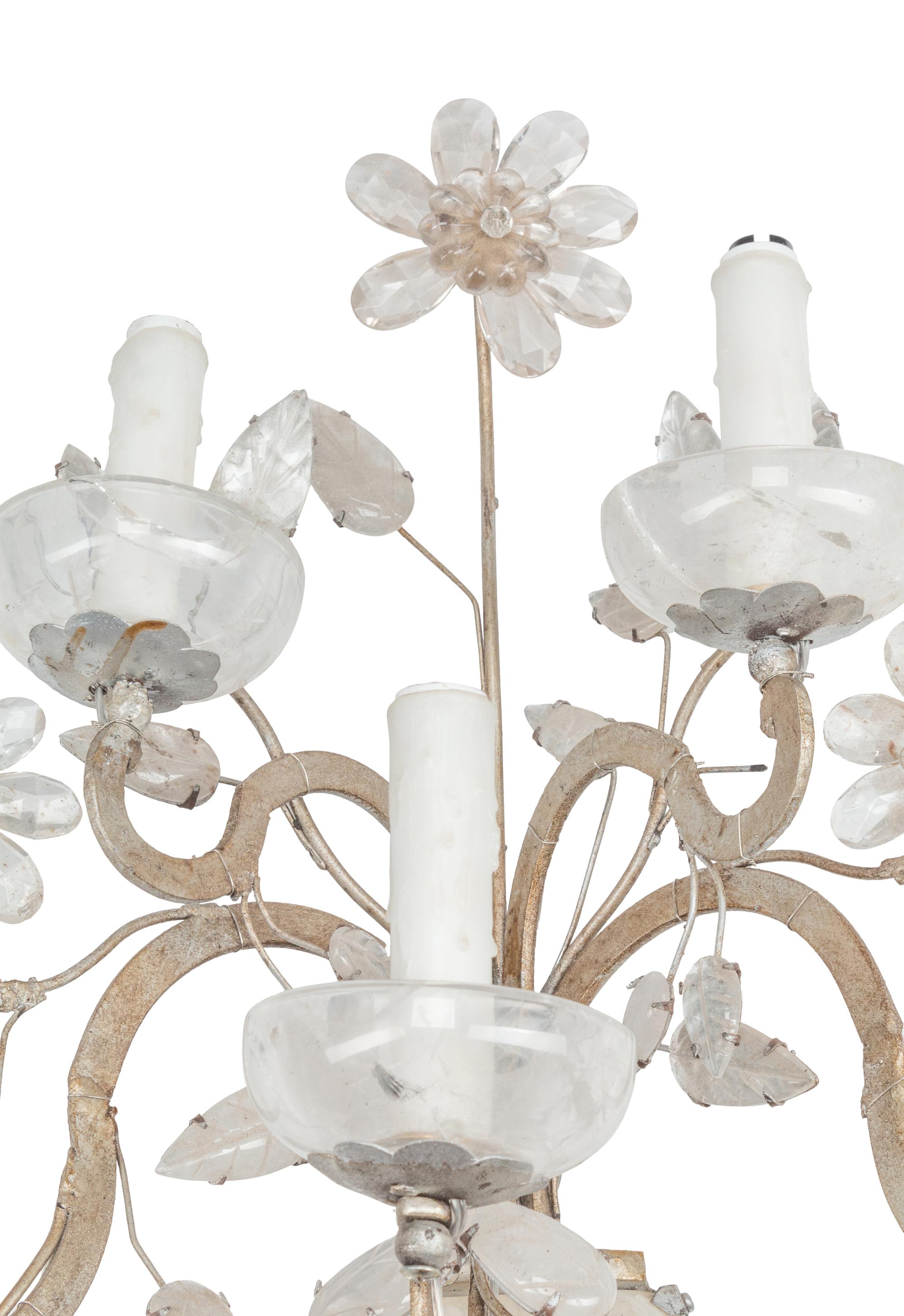 A Pair of Silvered Metal and Rock Crystal Five-Light Sconces in the Style of Maison Baguès