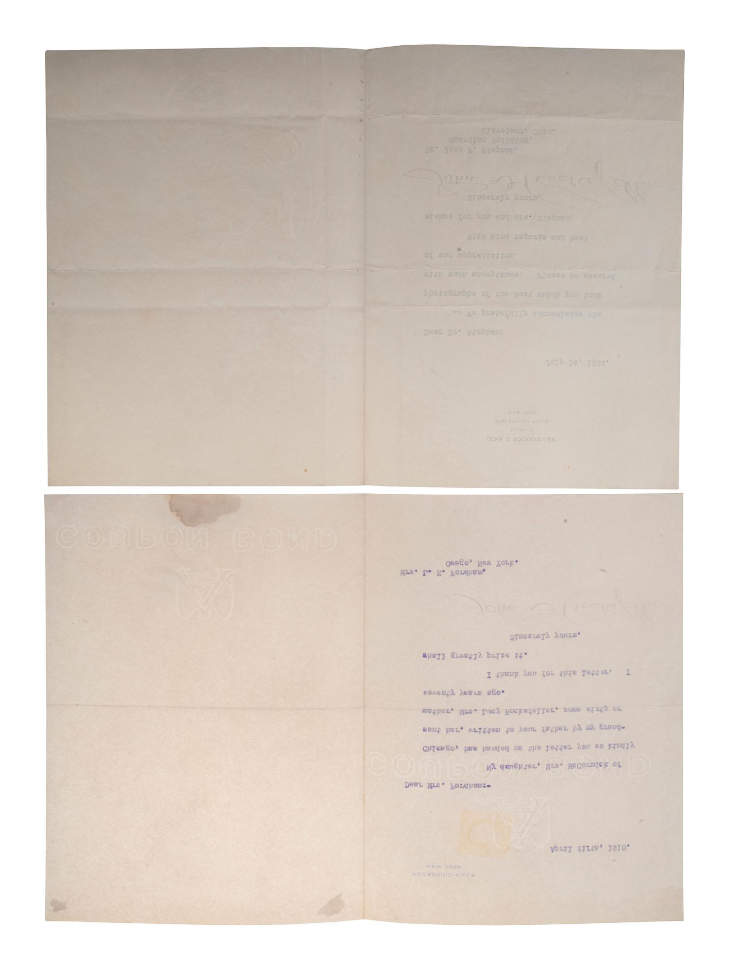 ROCKEFELLER, John D. (1839-1937). A group of 2 Typed Letters Signed ("John D. Rockefeller"). Pocantico Hills, New York.