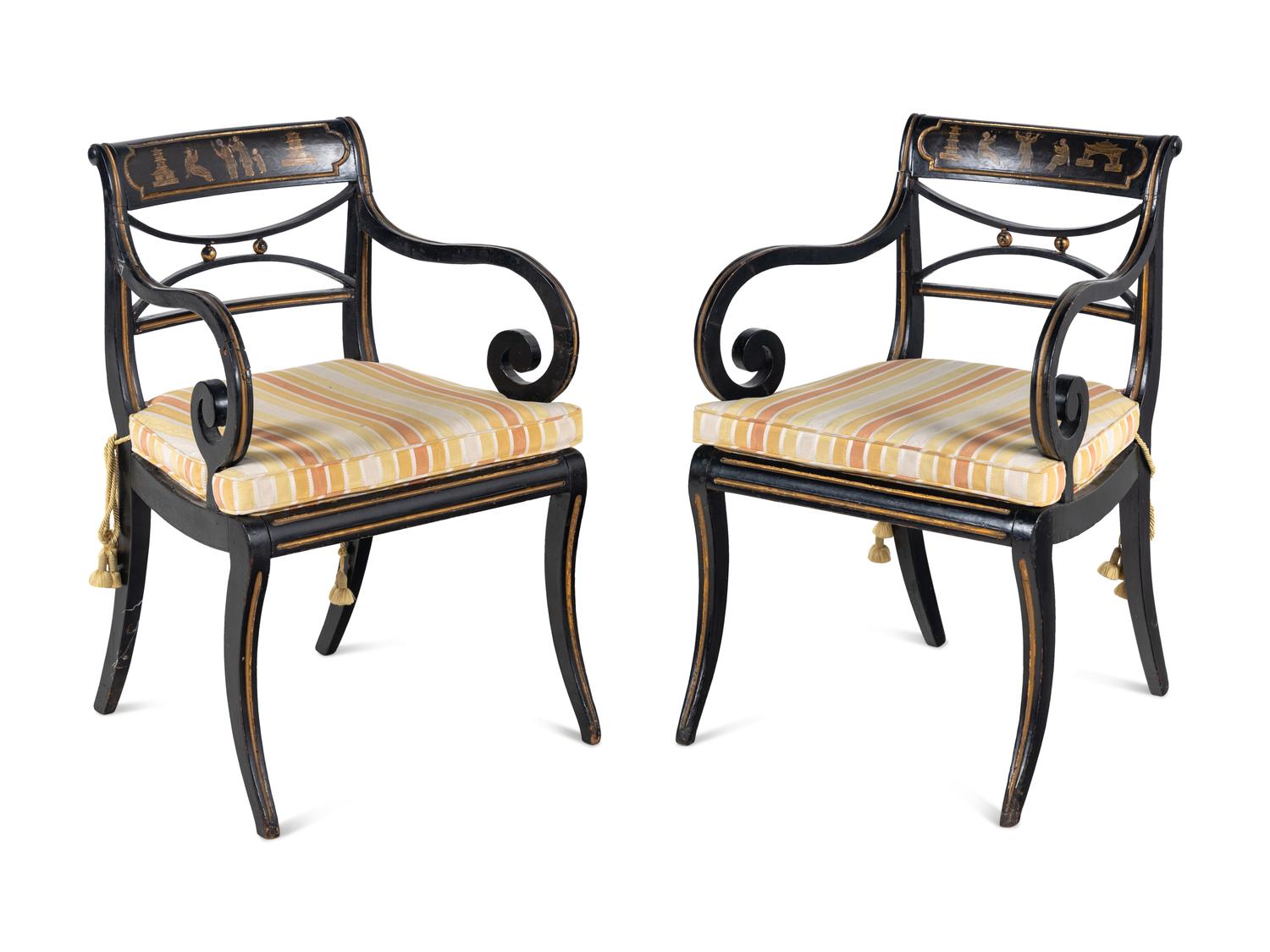 A Pair of Regency Black and Gold-Painted Armchairs