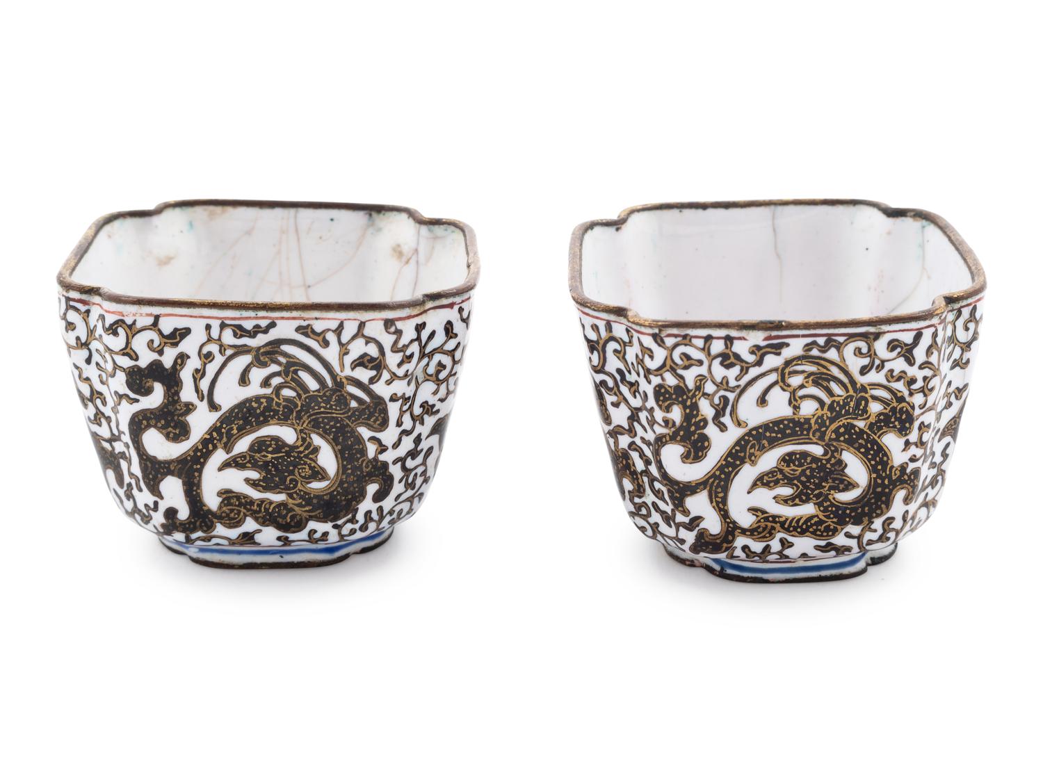 A Pair of Canton Enamel on Copper Square Wine Cups