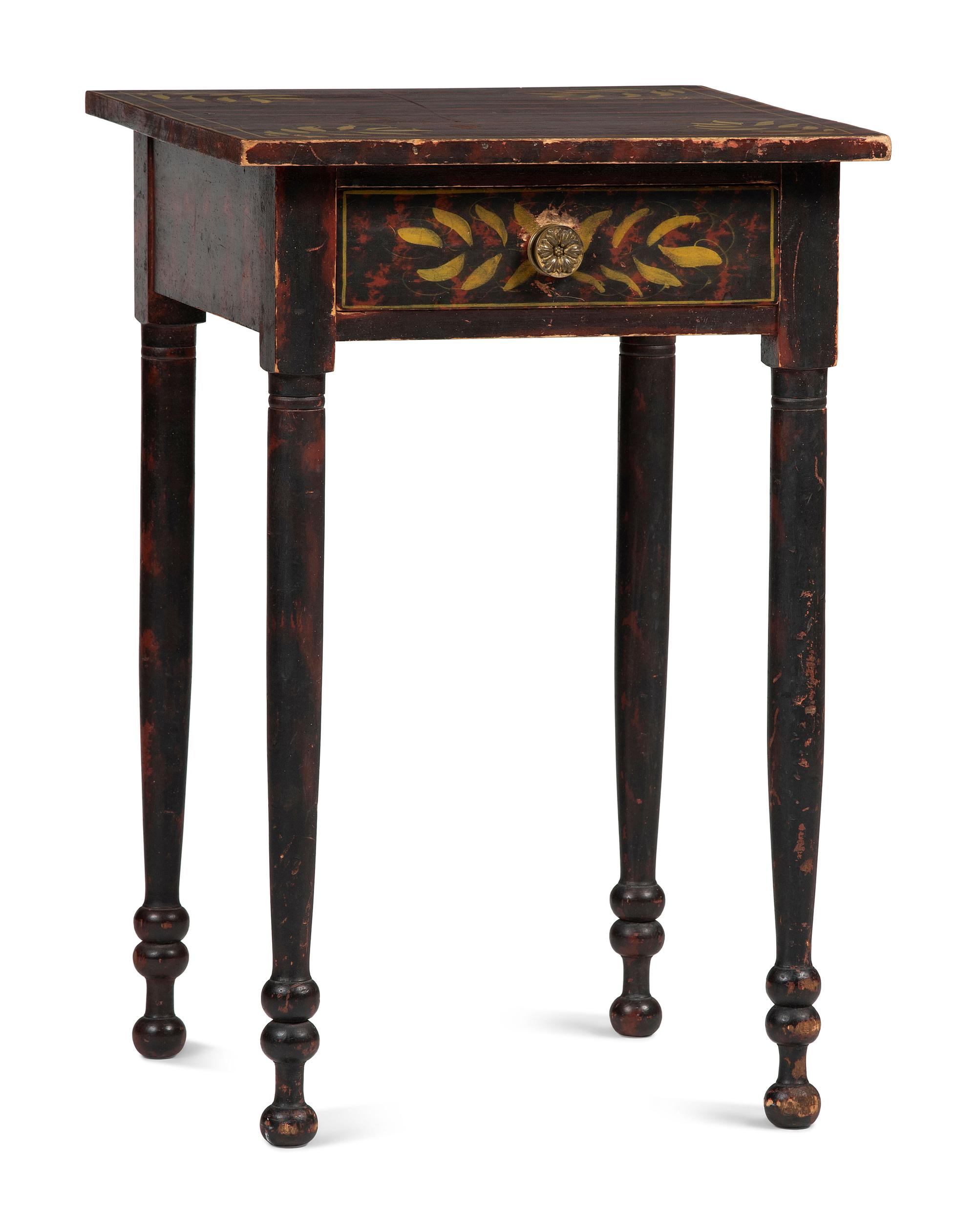 A Classical Grain and Yellow Paint-Decorated Poplar One-Drawer Workstand, 19th Century