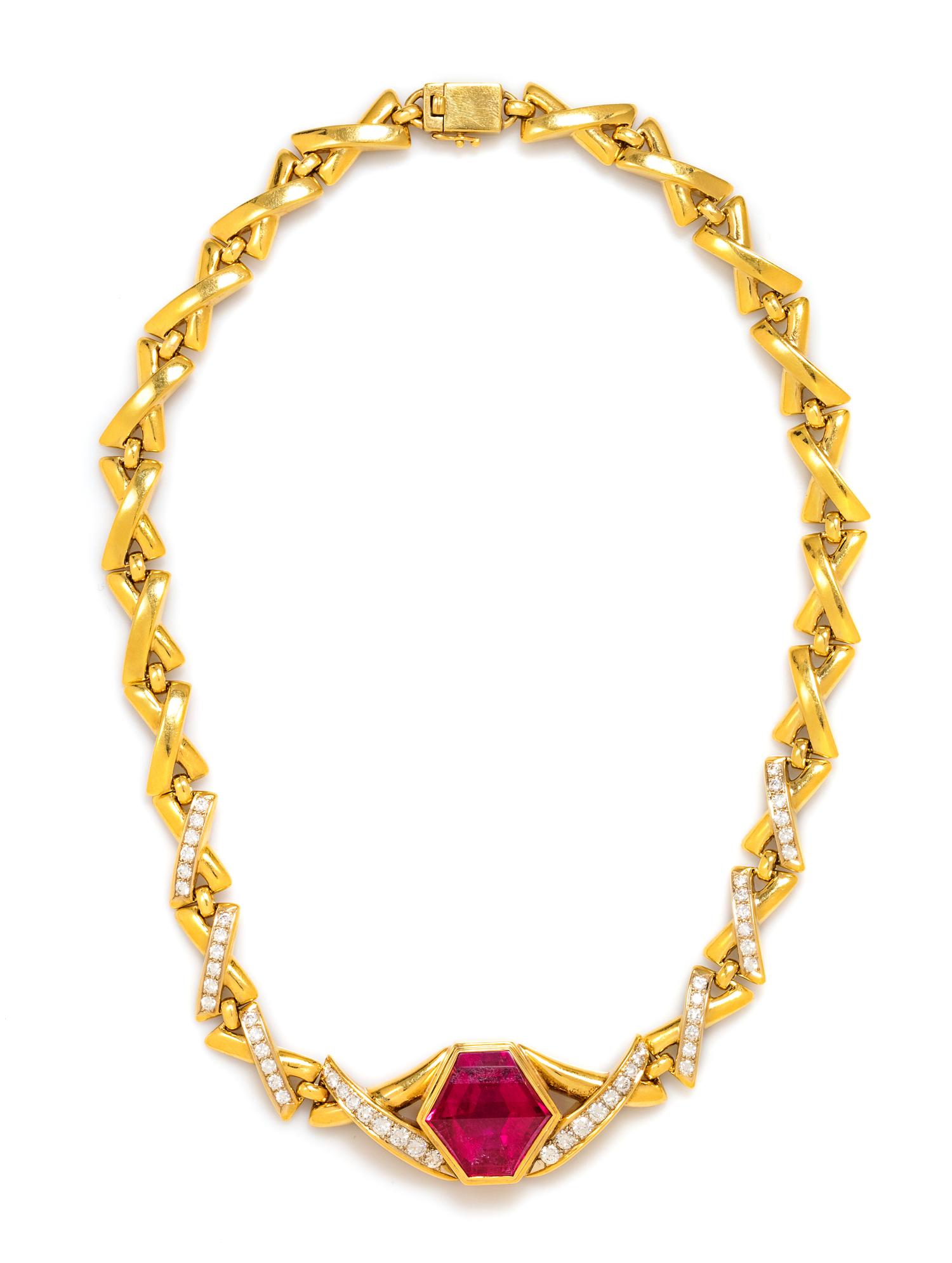 An 18 Karat Yellow Gold, Rubellite and Diamond Necklace, Susan Berman, 42.00 dwts.