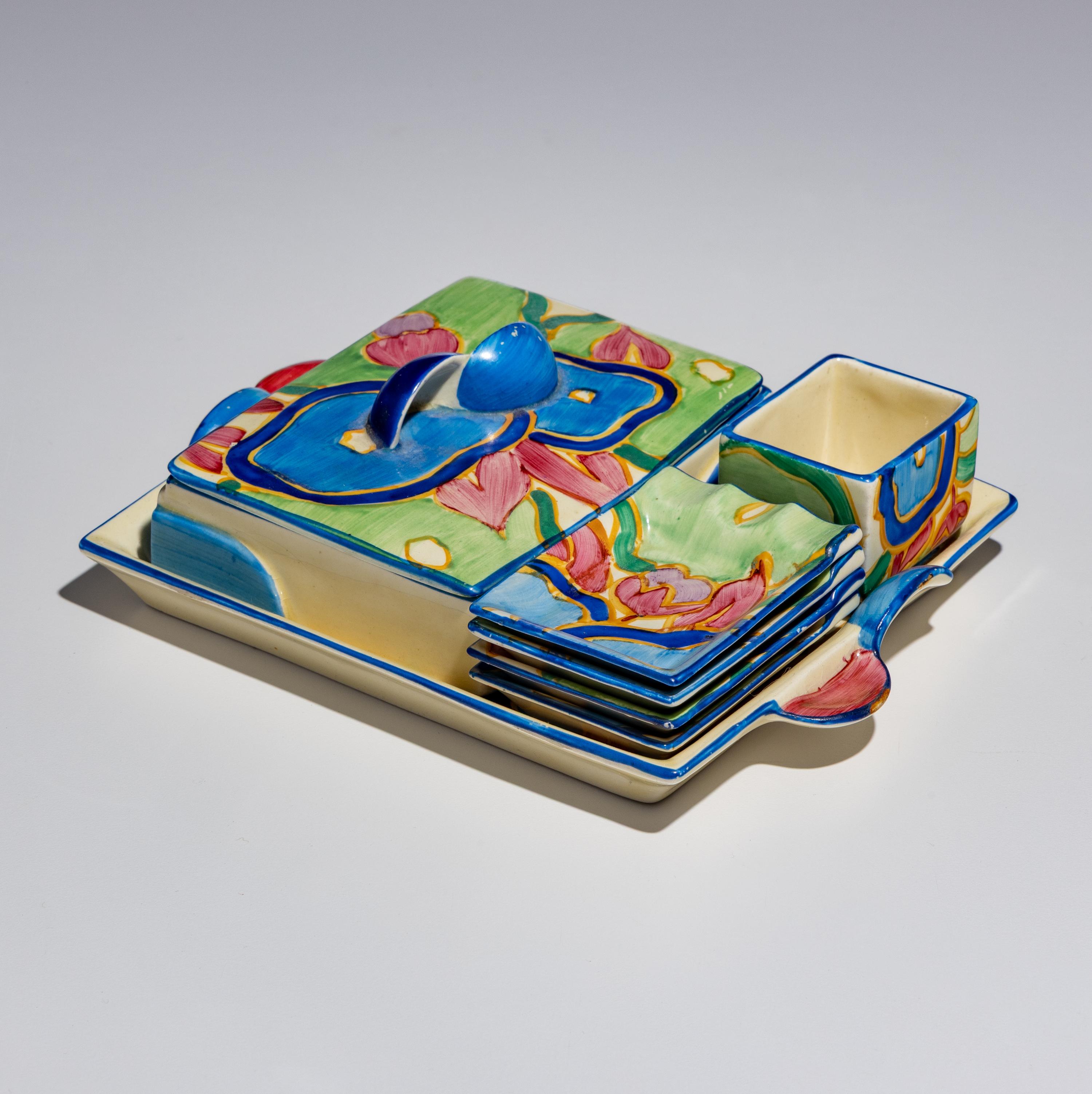 Clarice Cliff (English, 1899–1972) — Blue Chintz pattern 7 piece Tea Tray