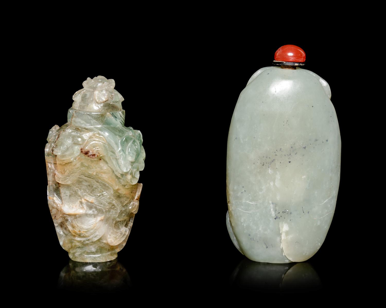 Two Chinese Jade and Jadeite Snuff Bottles