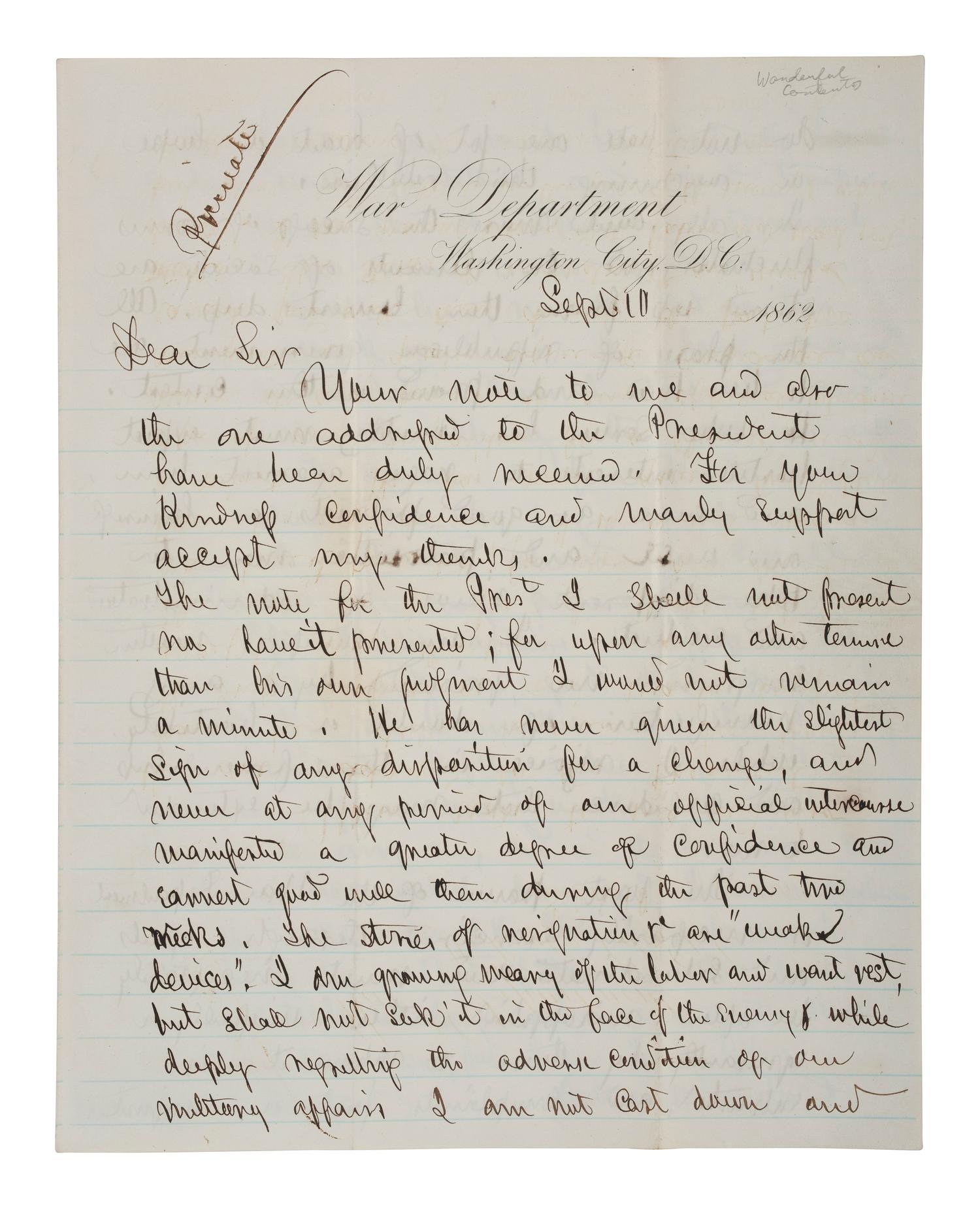 [CIVIL WAR]. STANTON, Edwin (1814-1869). Autograph letter signed ("Edwin M. Stanton") as Secretary of War, addressed to Edwards Pierrepont. Washington City, DC, 10 September 1862. With free franked envelope.
