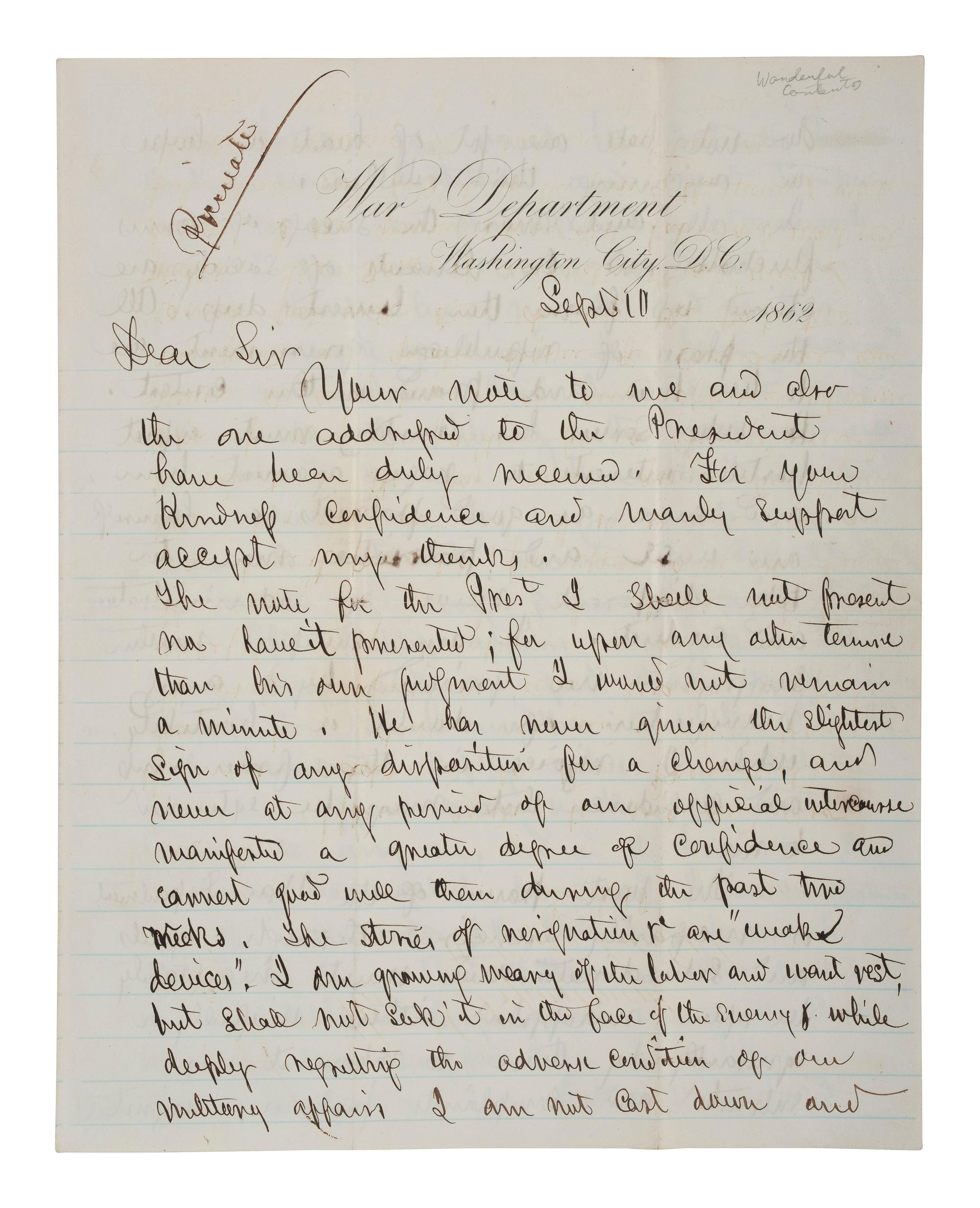 [CIVIL WAR]. STANTON, Edwin (1814-1869). Autograph letter signed ("Edwin M. Stanton") as Secretary of War, addressed to Edwards Pierrepont. Washington City, DC, 10 September 1862. With free franked envelope.