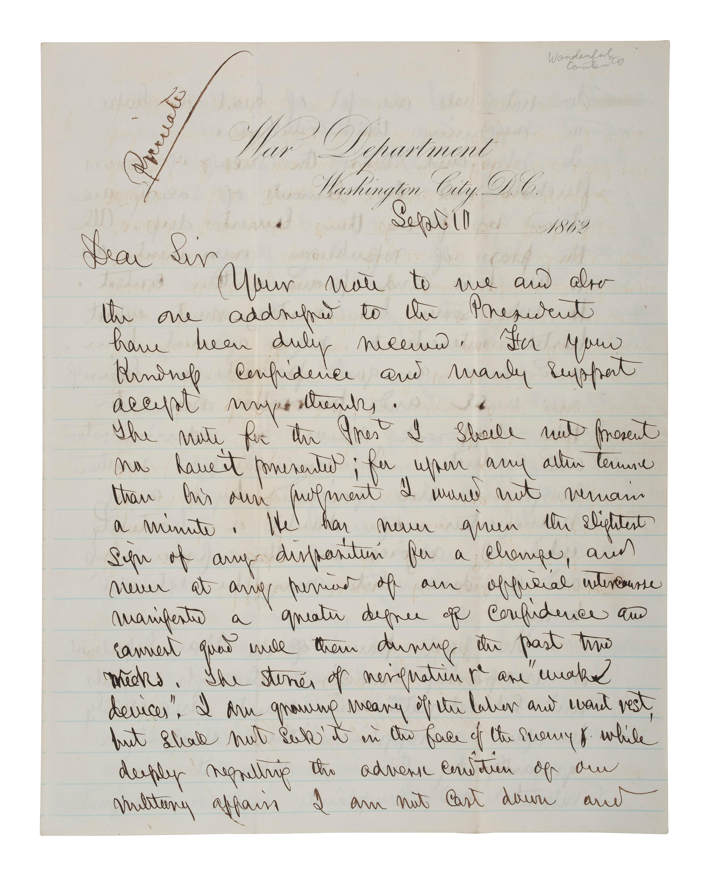 [CIVIL WAR]. STANTON, Edwin (1814-1869). Autograph letter signed ("Edwin M. Stanton") as Secretary of War, addressed to Edwards Pierrepont. Washington City, DC, 10 September 1862. With free franked envelope.