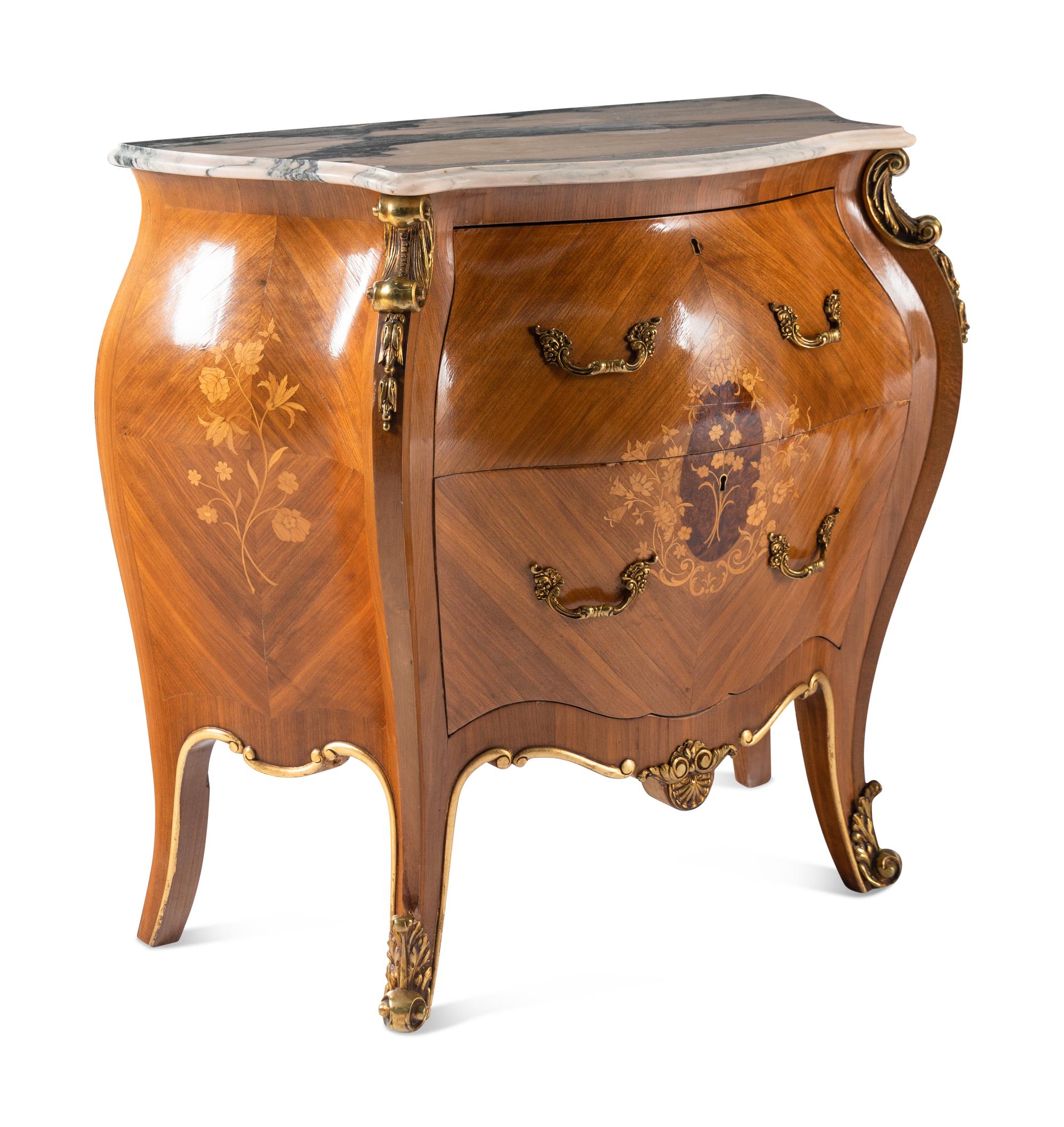 A Pair of Louis XV Style Marquetry Marble-Top Commodes
