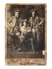 Wild West Shows Cabinet photograph of Buffalo Bill, Pawnee Bill, and Charles "Buffalo" Jones. New York: Gessford, ca 1908-1910. Signed by Jones. [ With: ] Press photograph of Pawnee Bill. New York: Sy Seidman.