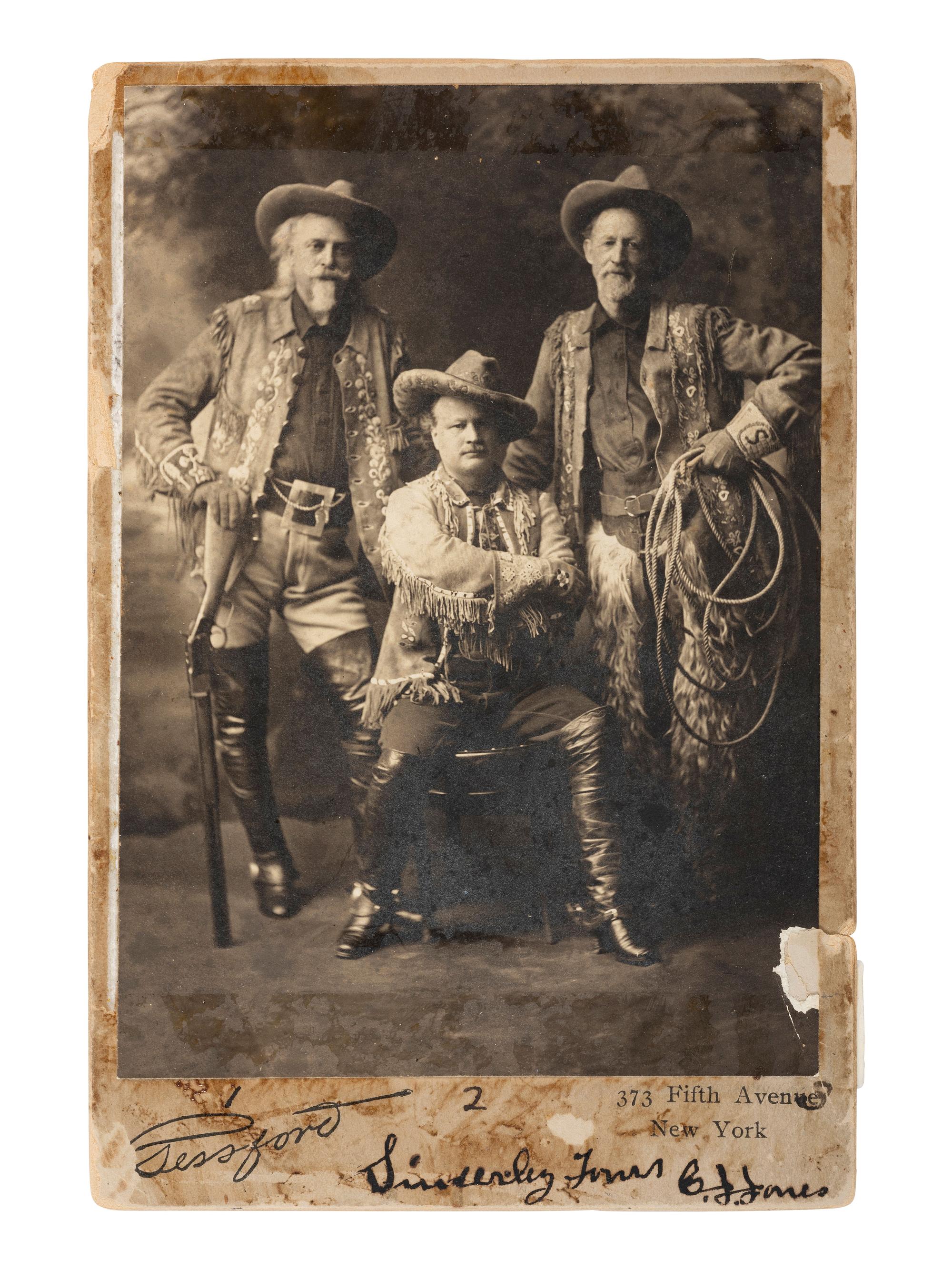 Wild West Shows Cabinet photograph of Buffalo Bill, Pawnee Bill, and Charles "Buffalo" Jones. New York: Gessford, ca 1908-1910. Signed by Jones. [ With: ] Press photograph of Pawnee Bill. New York: Sy Seidman.