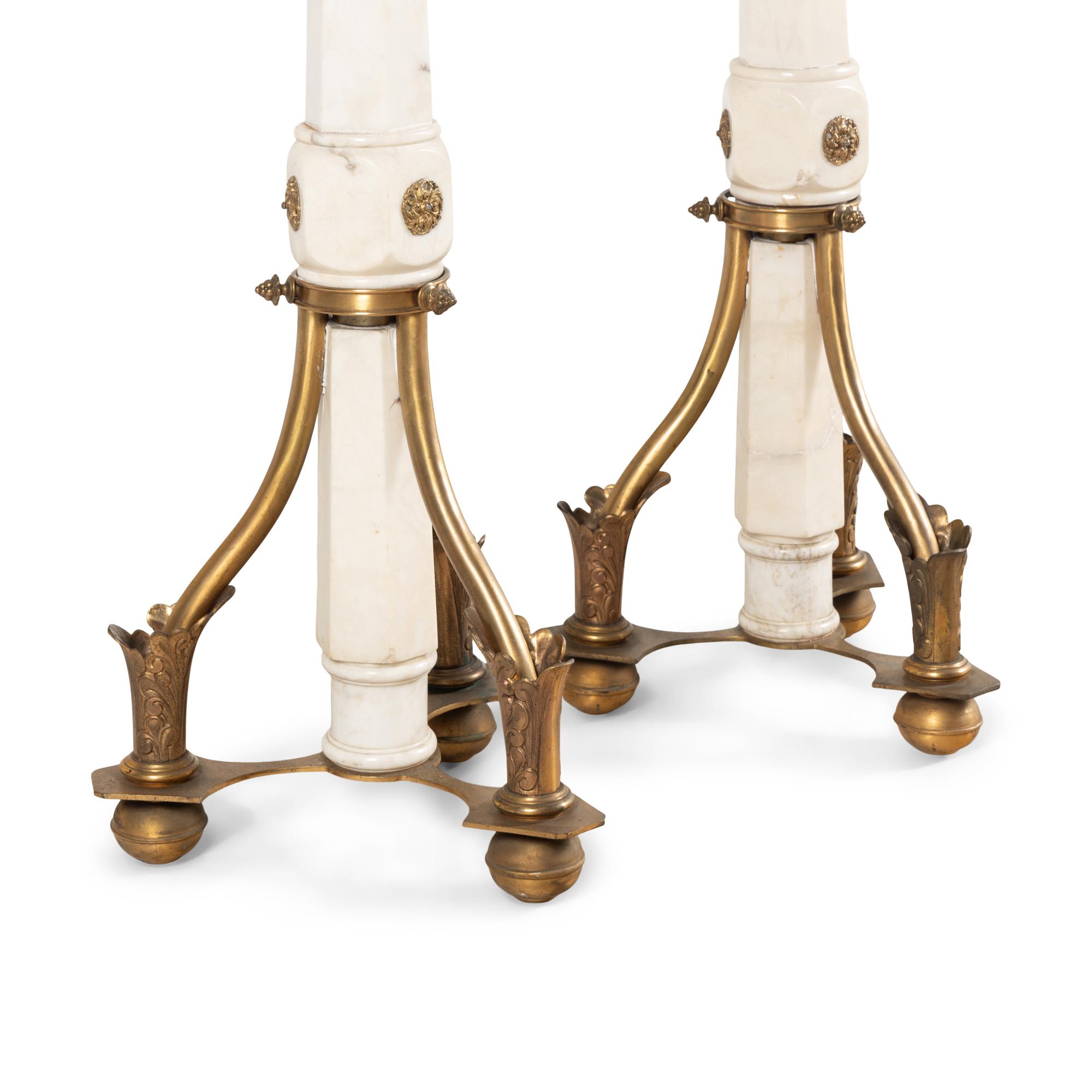 A Pair of Brass Mounted White Marble Pedestals