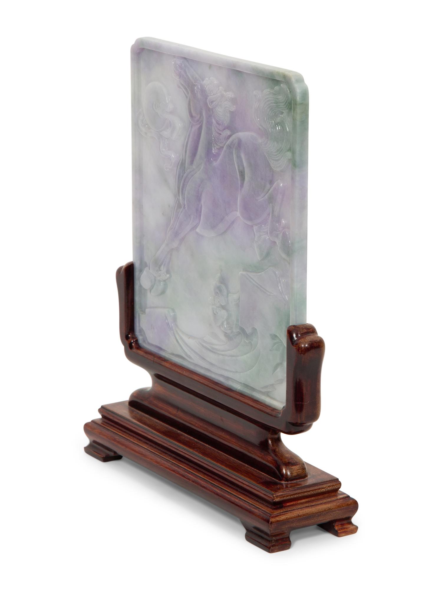 A Pair of Chinese Carved Jadeite Rearing Horse Sculptures and a Carved Jadeite Plaque