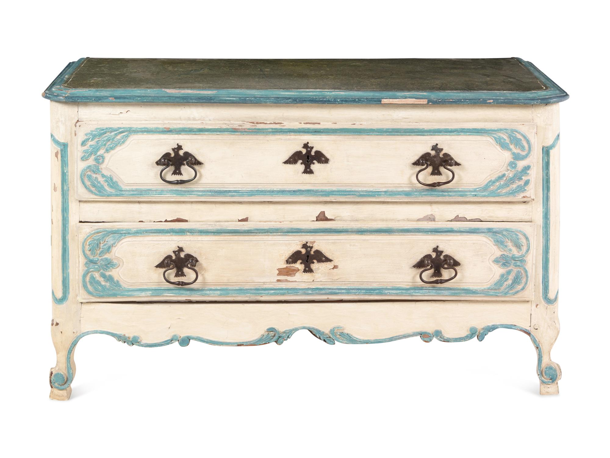 A Louis XV Provincial Blue and Cream-Painted Commode