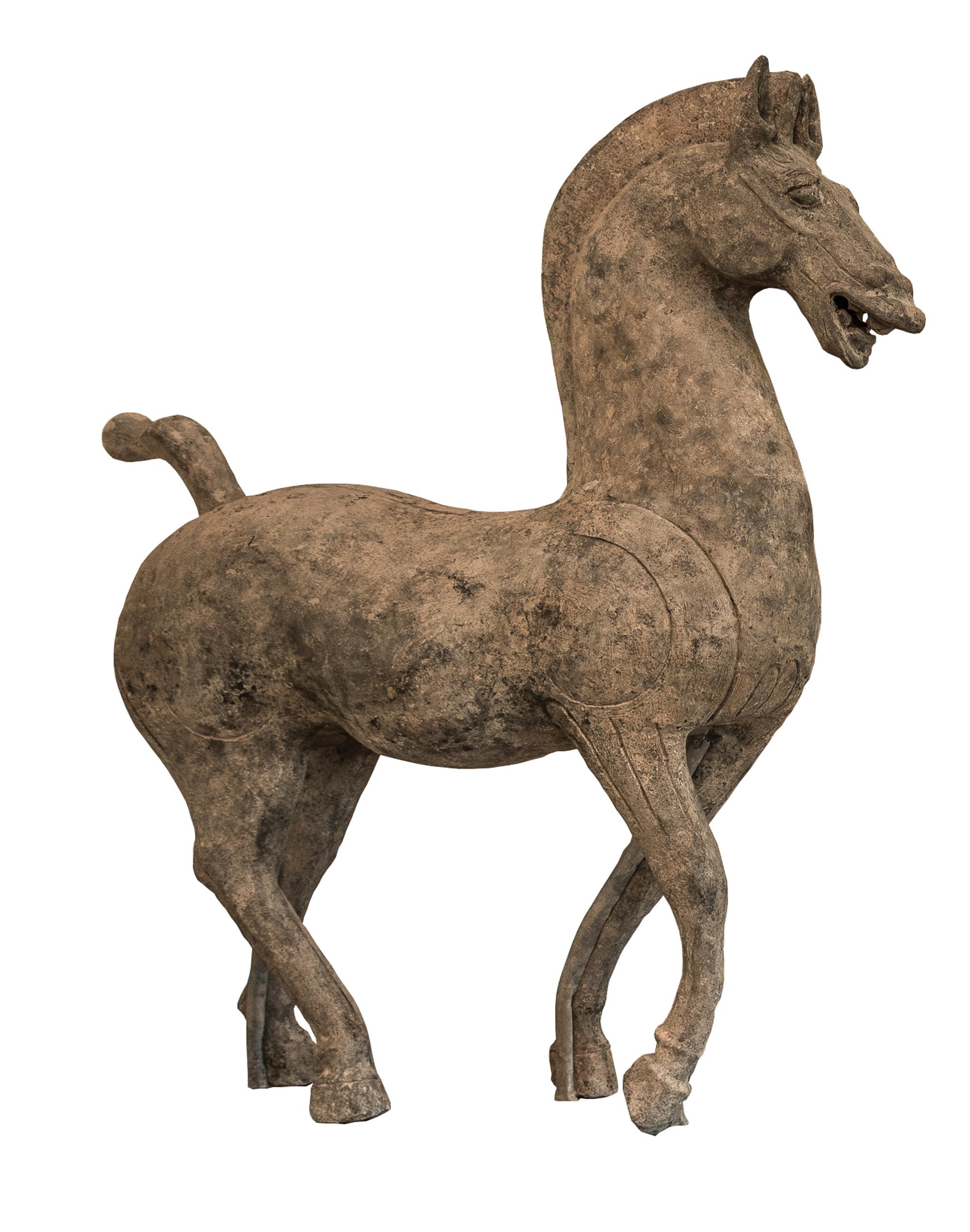 A Large Grey Pottery Figure of a Horse Height 43 x length 37 inches. — HAN DYNASTY (206 B.C.E.-220 C.E.)
