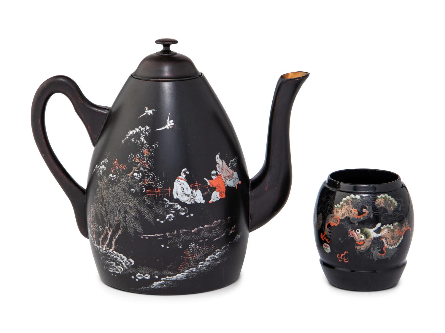 A Chinese Painted Lacquer Teapot and A Tea Caddy