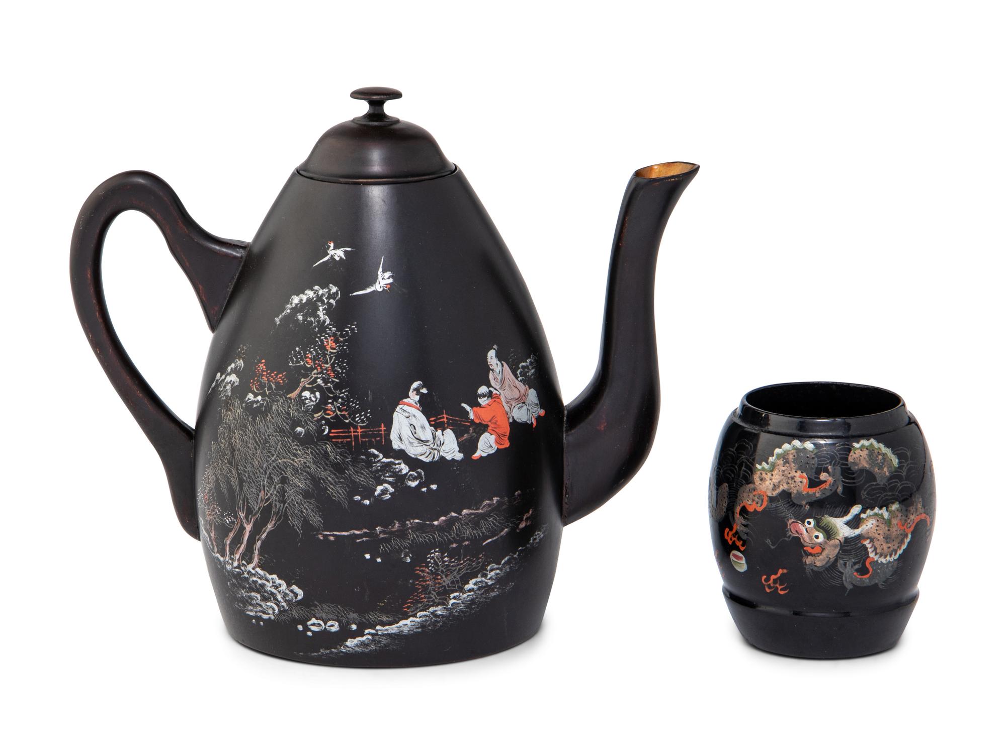 A Chinese Painted Lacquer Teapot and A Tea Caddy