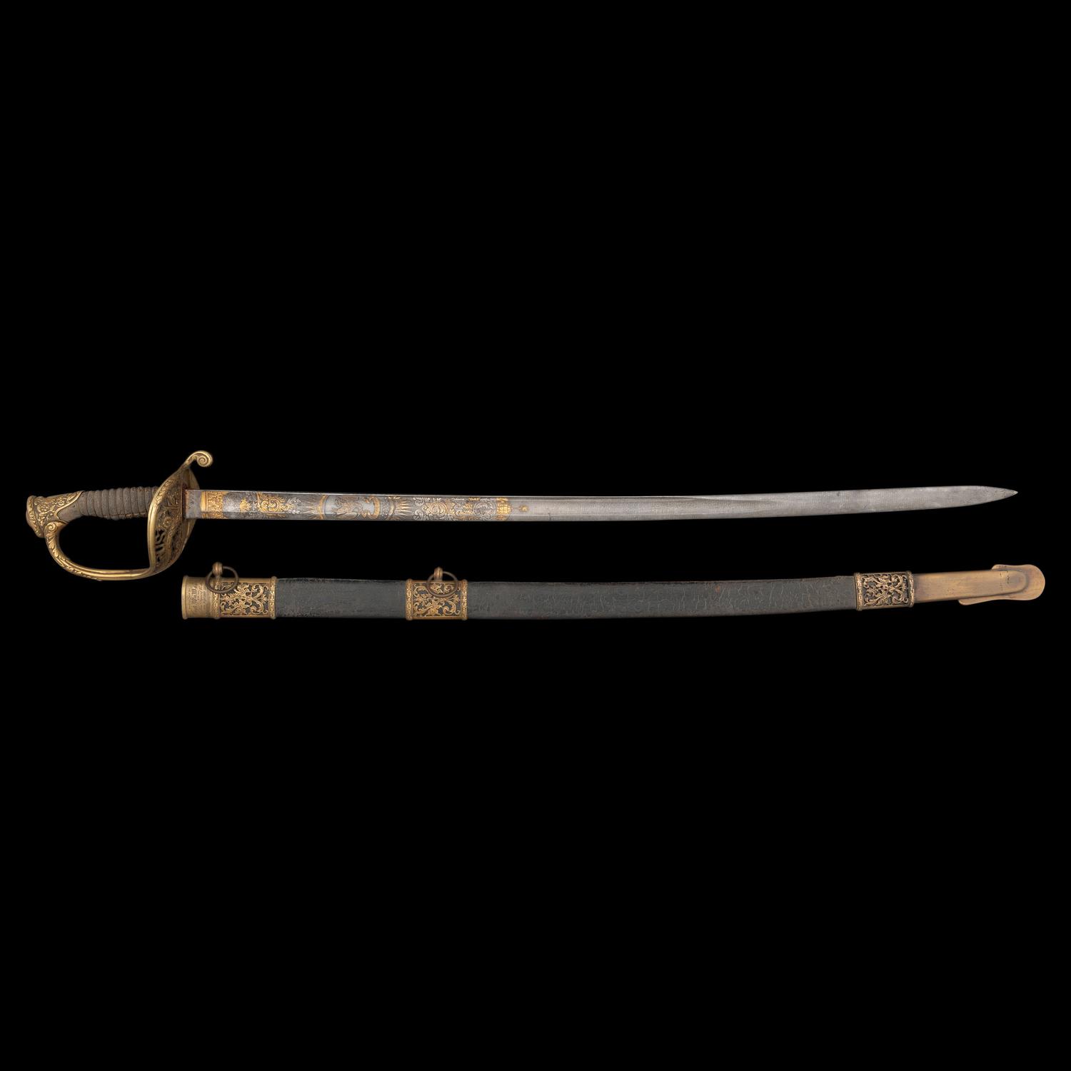 Cased Damascus Bladed Import 1850 Staff & Field Officers Sword Presented to Capt. (Major) William Wood - 9th NY Heavy Artillery with Belt and Sash