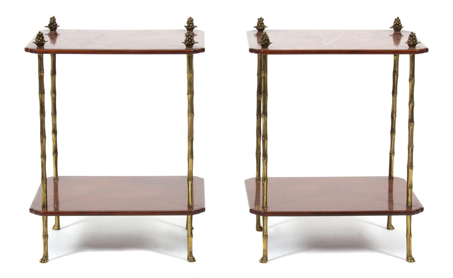 A Pair of Regency Style Brown and Parcel Gilt Lacquer Two-Tier Side Tables Height 24 x width 18 x depth 14 1/2 inches. — 20TH CENTURY