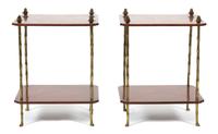 A Pair of Regency Style Brown and Parcel Gilt Lacquer Two-Tier Side Tables Height 24 x width 18 x depth 14 1/2 inches. — 20TH CENTURY