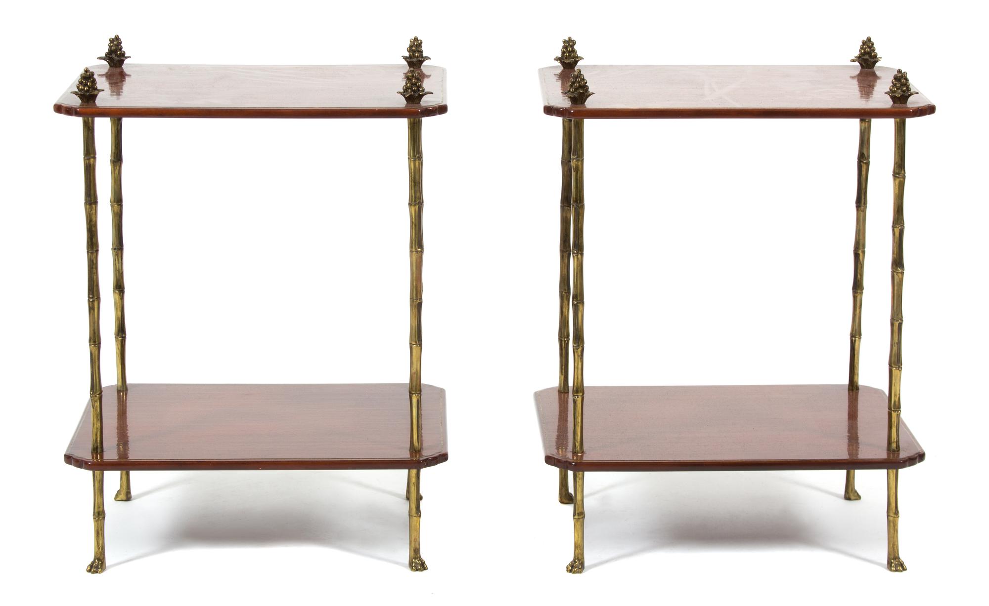 A Pair of Regency Style Brown and Parcel Gilt Lacquer Two-Tier Side Tables Height 24 x width 18 x depth 14 1/2 inches. — 20TH CENTURY