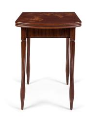 A French Art Nouveau Marquetry Games Table, Louis Majorelle Height 30 1/4 x width 19 1/2 x depth 19 3/4 inches (closed).